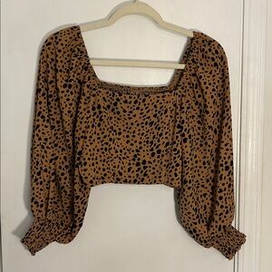 SHEIN Deep Burnt Orange Leopard Puff Sleeve Blouse